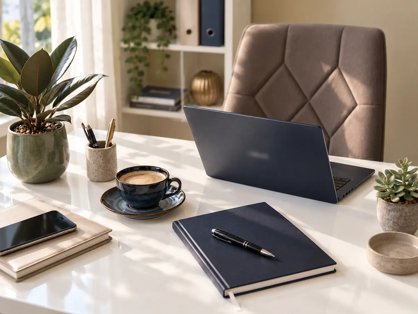 Aufgeräumter Schreibtisch mit Laptop, Notizbuch und Kaffee