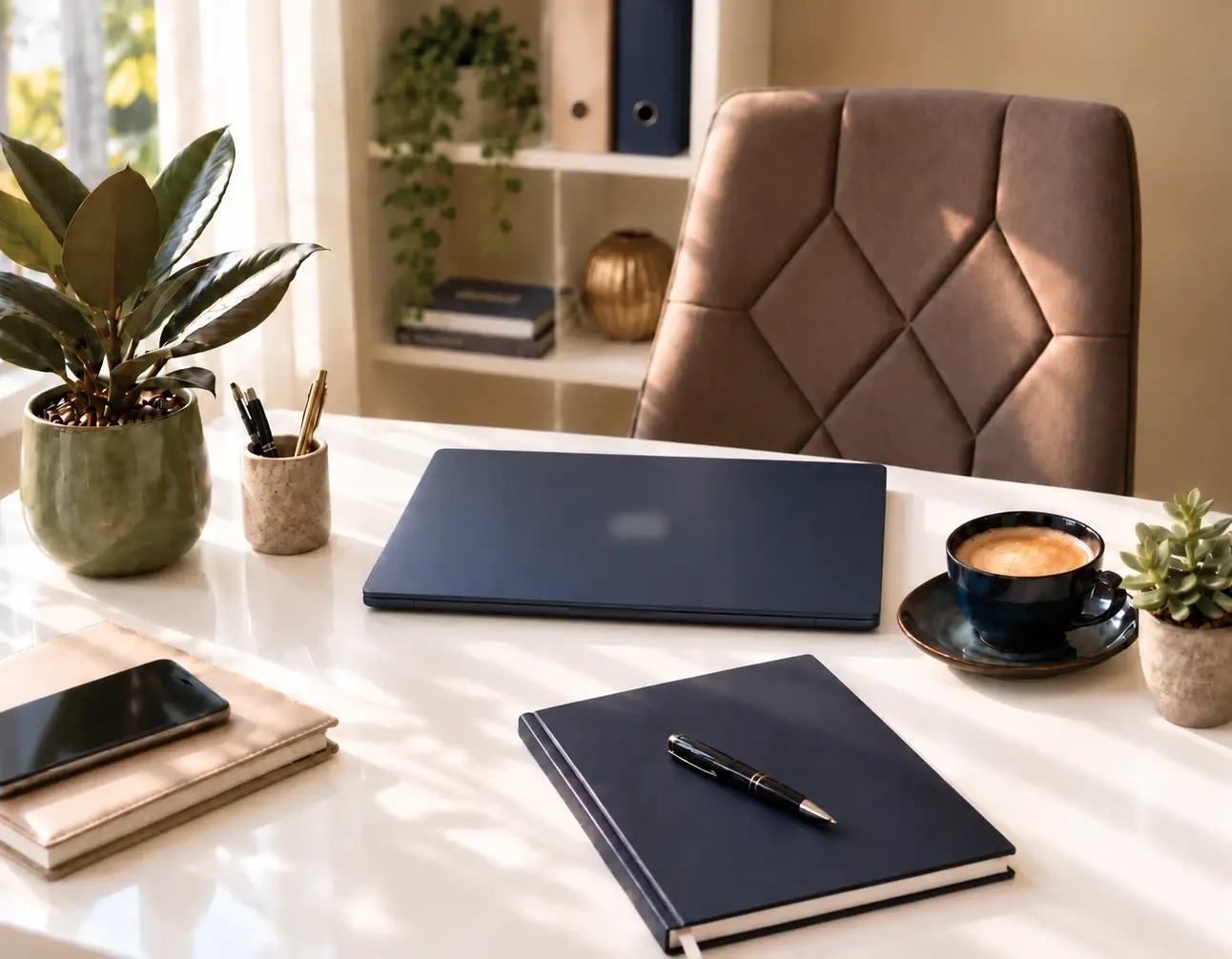 Aufgeräumter Schreibtisch mit Laptop, Notizbuch und Kaffee